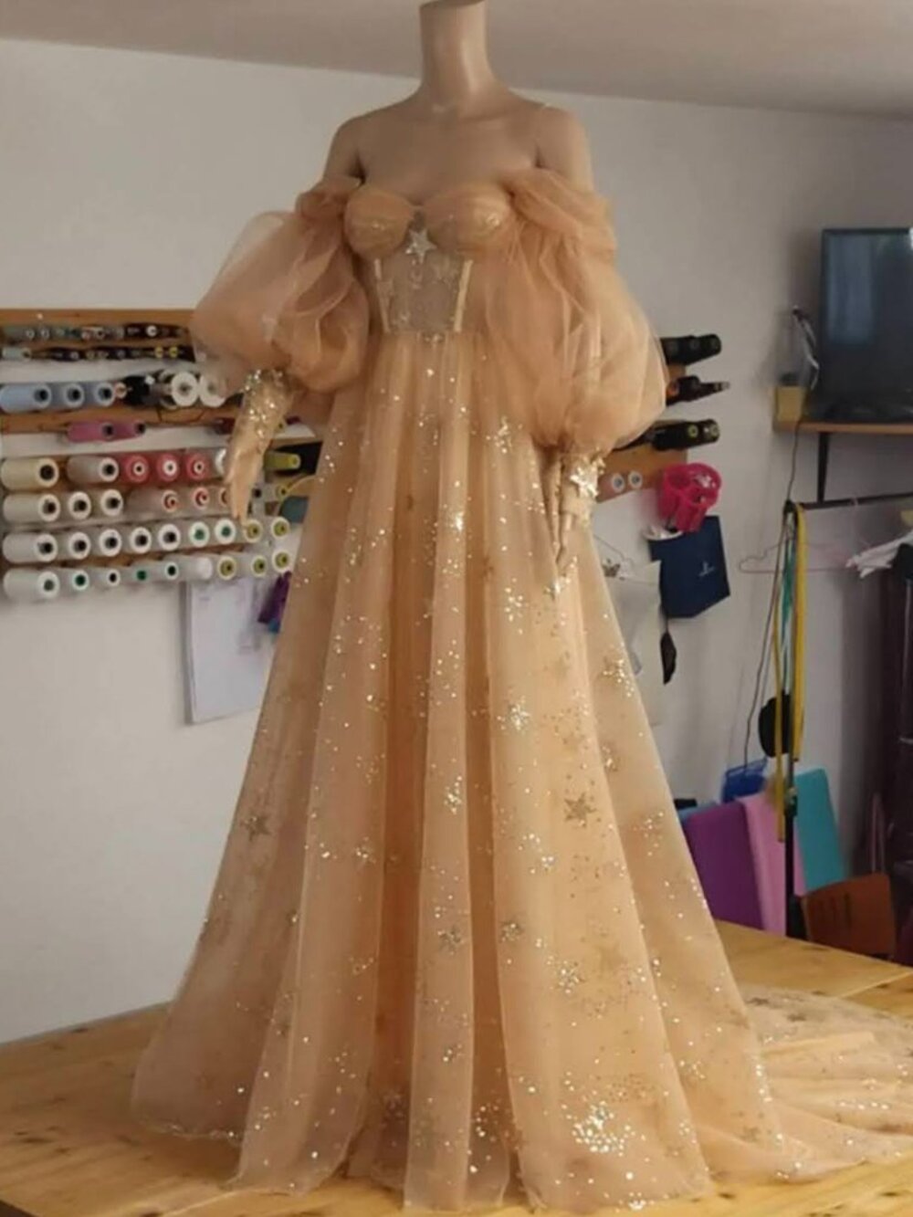 Celestial Gold Starry Tulle Gown - Never Worn Custom - Custom Bustle